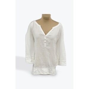 Rafaella Linen Top Button Up‎ V Neck 3/4 Sleeve Crochet Trim White M
